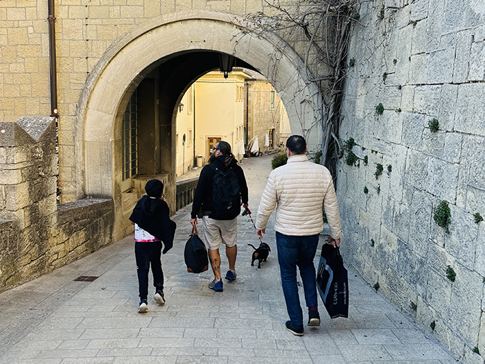 Walking from the parking lot to the hotel in San Marino